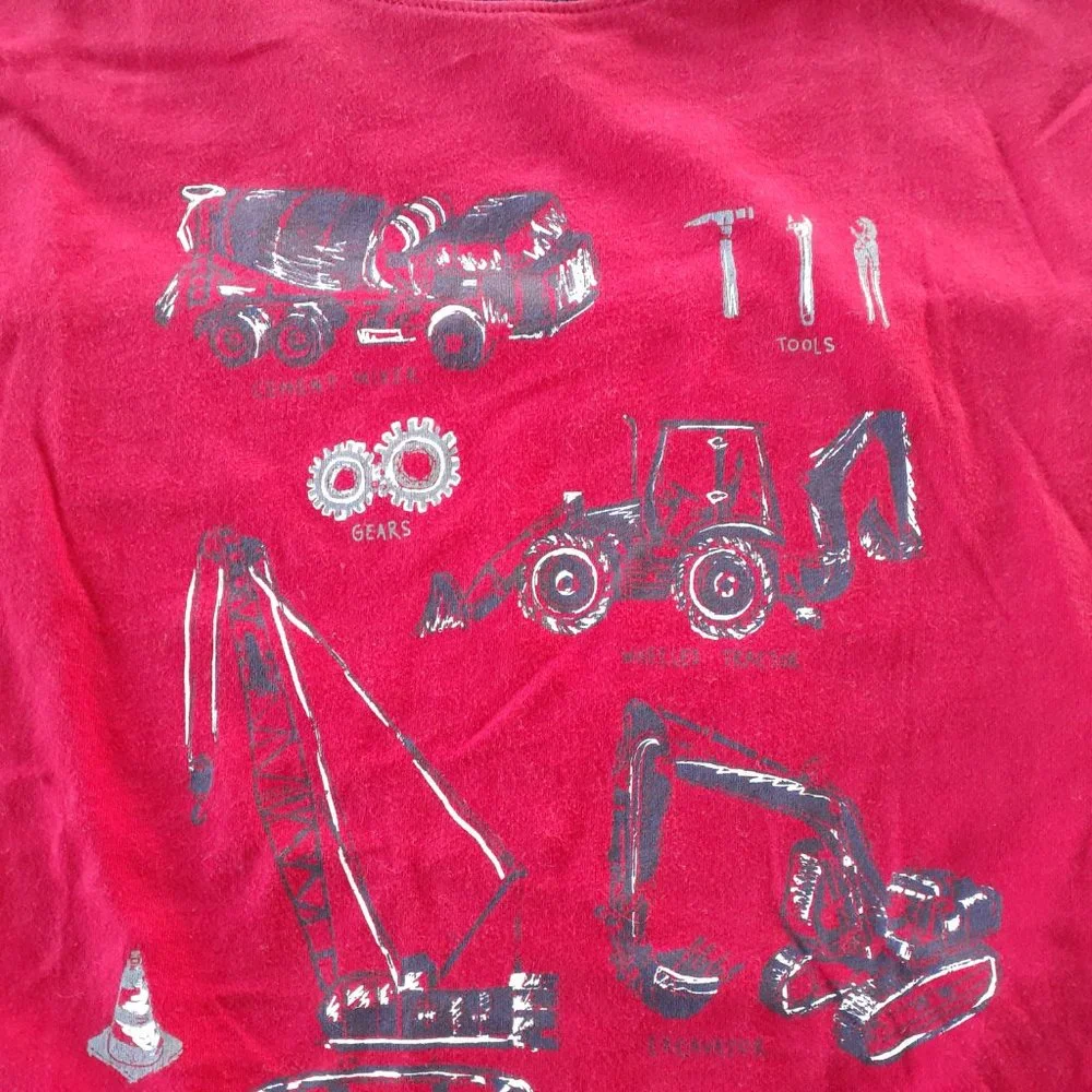 Gymboree Boys T-Shirt Red Construction Vehicles Ringer Short Sleeve Large 10-12